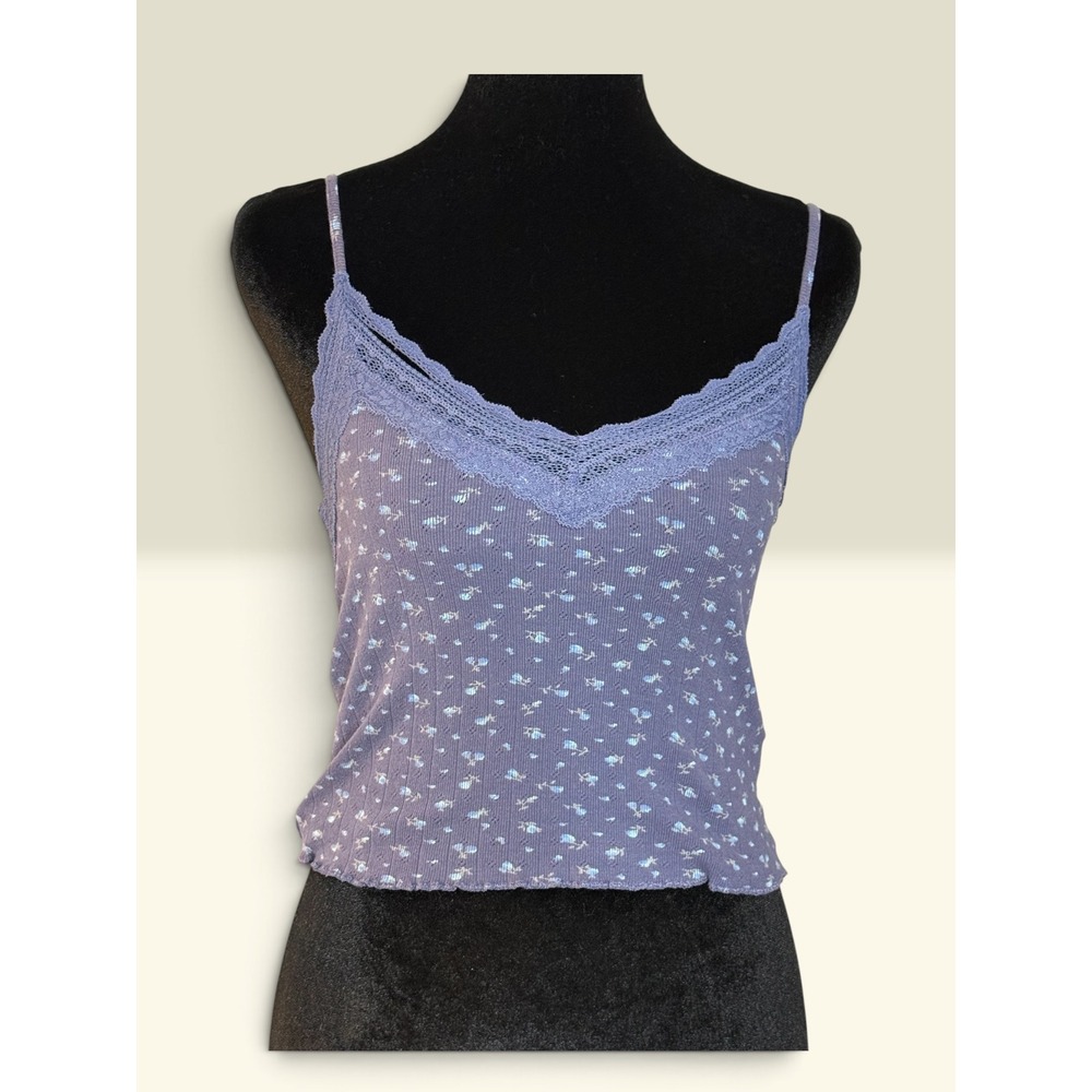 American Eagle Floral Lace Trim Pointelle Cami Top Purple XS Lettuce Edge
